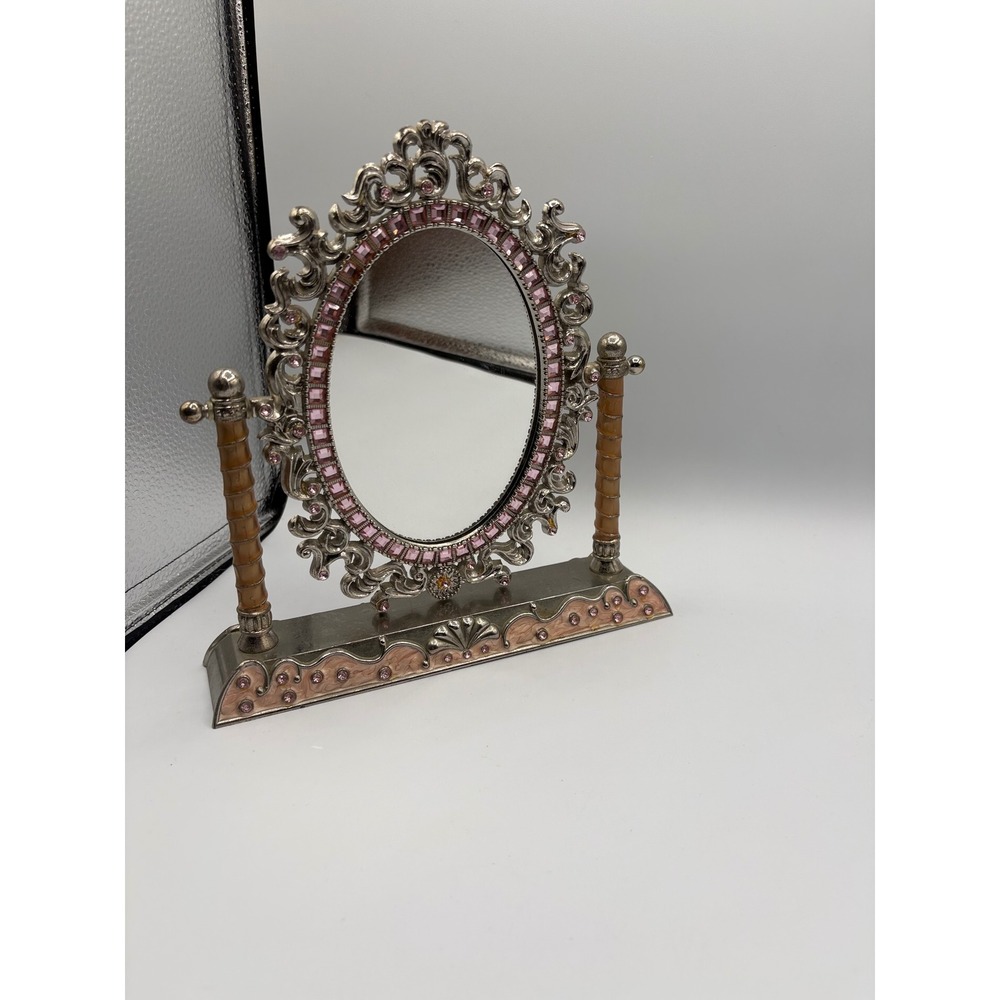 Vintage Style Ornate Silver Tone Pink Crystal Swivel Tabletop Vanity Mirror